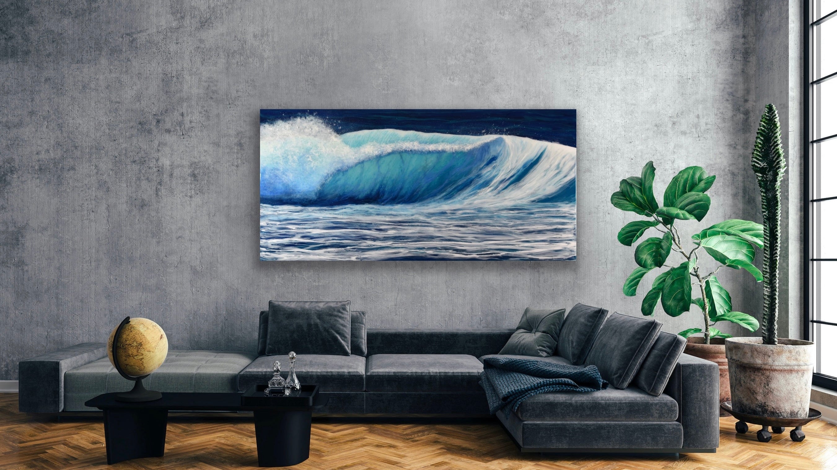 Modern living room with a large wall art piece of a wave.